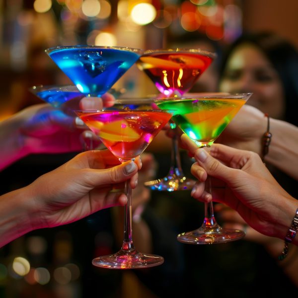 Color martini cocktails closeup, hands holding alcohol drinks, friendly corporate party, team celebrates in pub, glamour club, neon colors, generative ai illustration